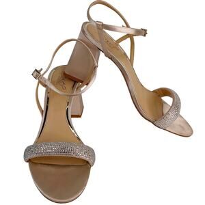 Jewel Badgley Mischka Earlene Block Heel Sandal 9.5 Champagne Satin
